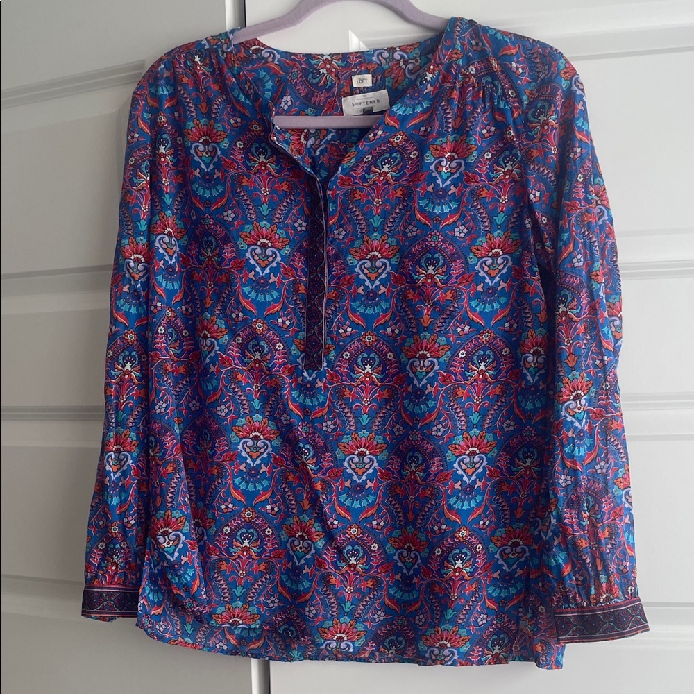 LOFT Blue and Red Paisley Blouse